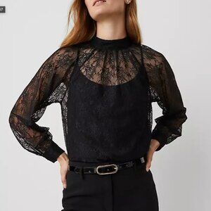 Ann Taylor Sheer Black Lace Mock Neck Blouse NWT